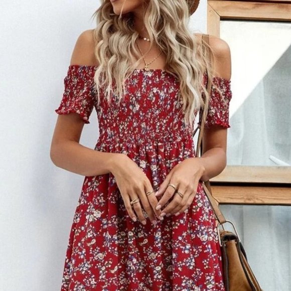 Floral High Split Off Shoulder Dress red - Picture 5 of 7